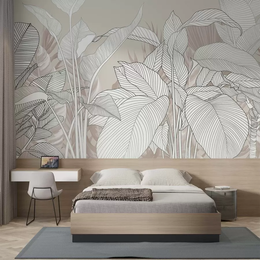murais de parede Ilustração monocromática que apresenta folhas e folhagens grandes e estilizadas com padrões de linhas e texturas complexas w08436v1