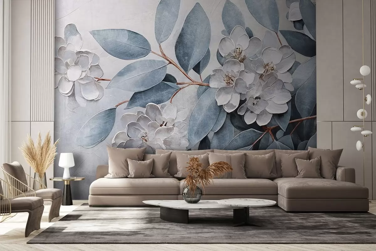 murais de parede Delicadas flores brancas com folhas verde-acinzentadas em um fundo suave e sem som no estilo de pintura a óleo  w08437