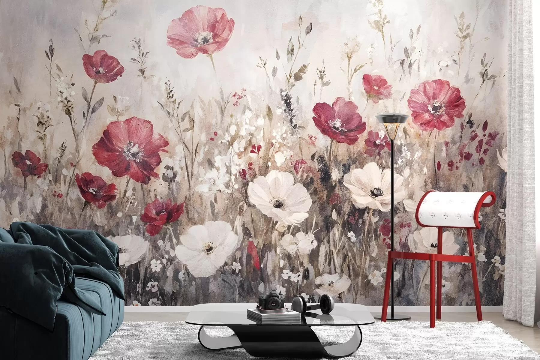 murais de parede Um campo de flores vermelhas e brancas vibrantes contra um fundo suave e nebuloso em estilo de pintura a óleo w08438