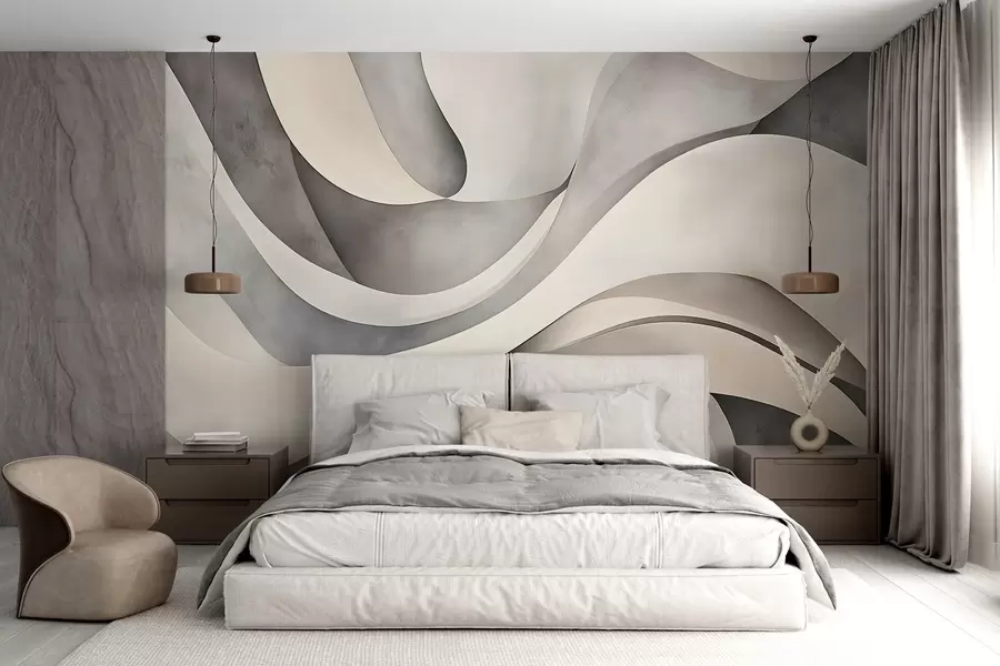murais de parede Formas curvas em branco, bege e cinza, criando uma impressão minimalista moderna e abstrata com textura  w08439
