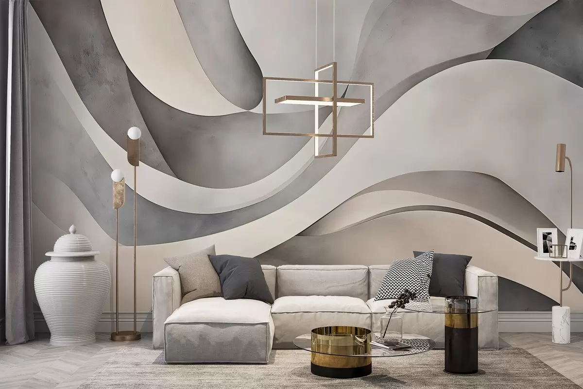 murais de parede Formas curvas em branco, bege e cinza, criando uma impressão minimalista moderna e abstrata com textura  w08439