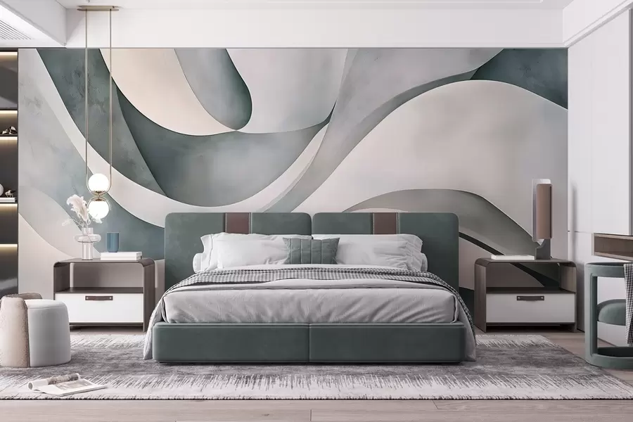 murais de parede Formas curvas em branco, azul e cinza, criando uma impressão minimalista moderna e abstrata com textura  w08439v1