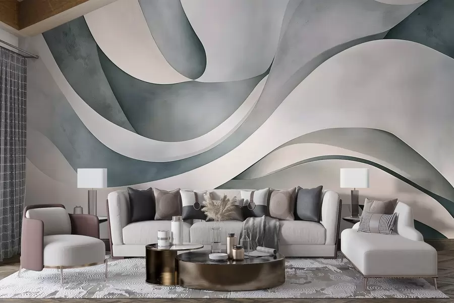 murais de parede Formas curvas em branco, azul e cinza, criando uma impressão minimalista moderna e abstrata com textura  w08439v1