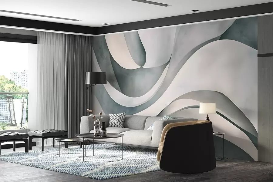 murais de parede Formas curvas em branco, azul e cinza, criando uma impressão minimalista moderna e abstrata com textura  w08439v1