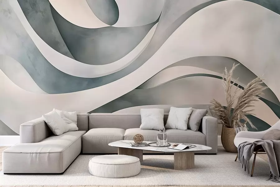 murais de parede Formas curvas em branco, azul e cinza, criando uma impressão minimalista moderna e abstrata com textura  w08439v1