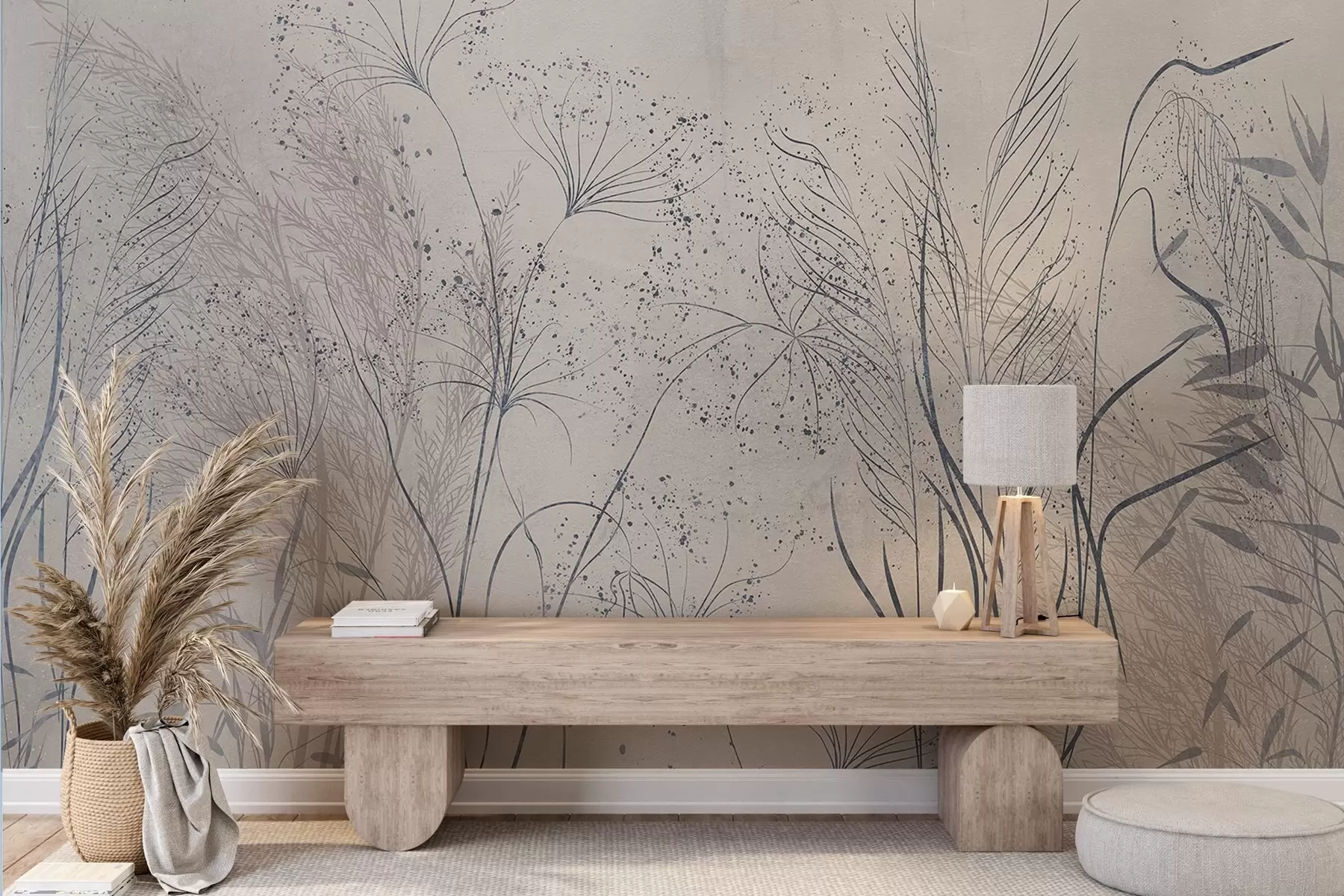 murais de parede Uma ilustração monocromática de várias plantas e espiguetas cinzas com linhas e texturas delicadas e finas  w08441v1