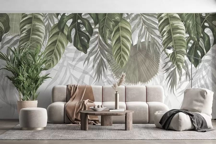 murais de parede Folhas tropicais em tons de verde, incluindo grandes folhas de monstera e folhas de palmeira em um fundo branco w08443