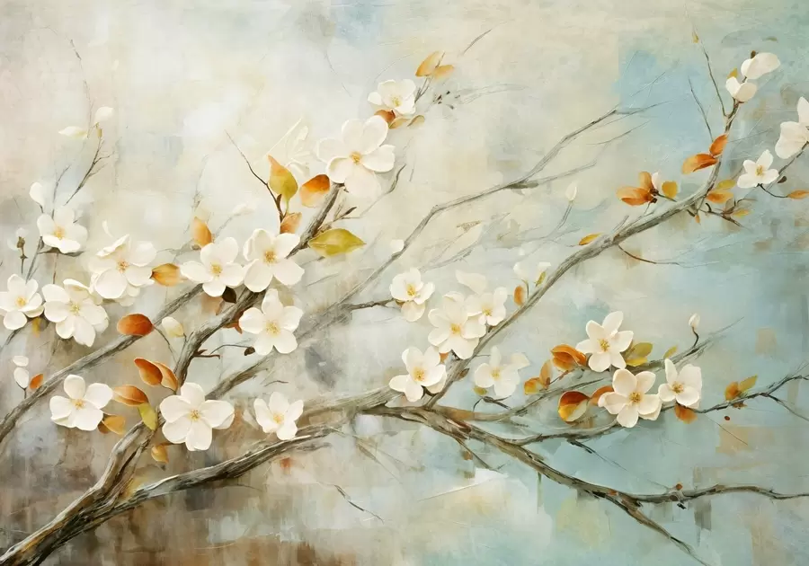 murais de parede Flores de cerejeira brancas em galhos contra um fundo azul e verde suave em estilo de pintura a óleo w08444