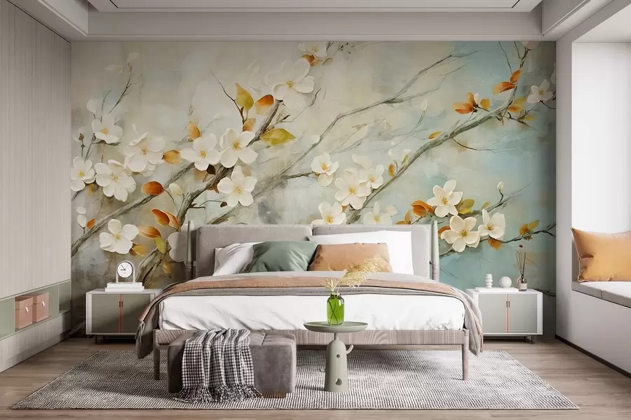 murais de parede Flores de cerejeira brancas em galhos contra um fundo azul e verde suave em estilo de pintura a óleo w08444