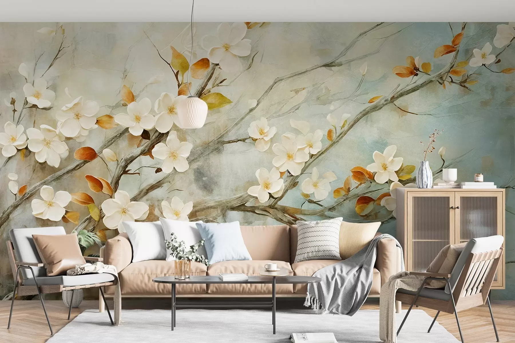 murais de parede Flores de cerejeira brancas em galhos contra um fundo azul e verde suave em estilo de pintura a óleo w08444