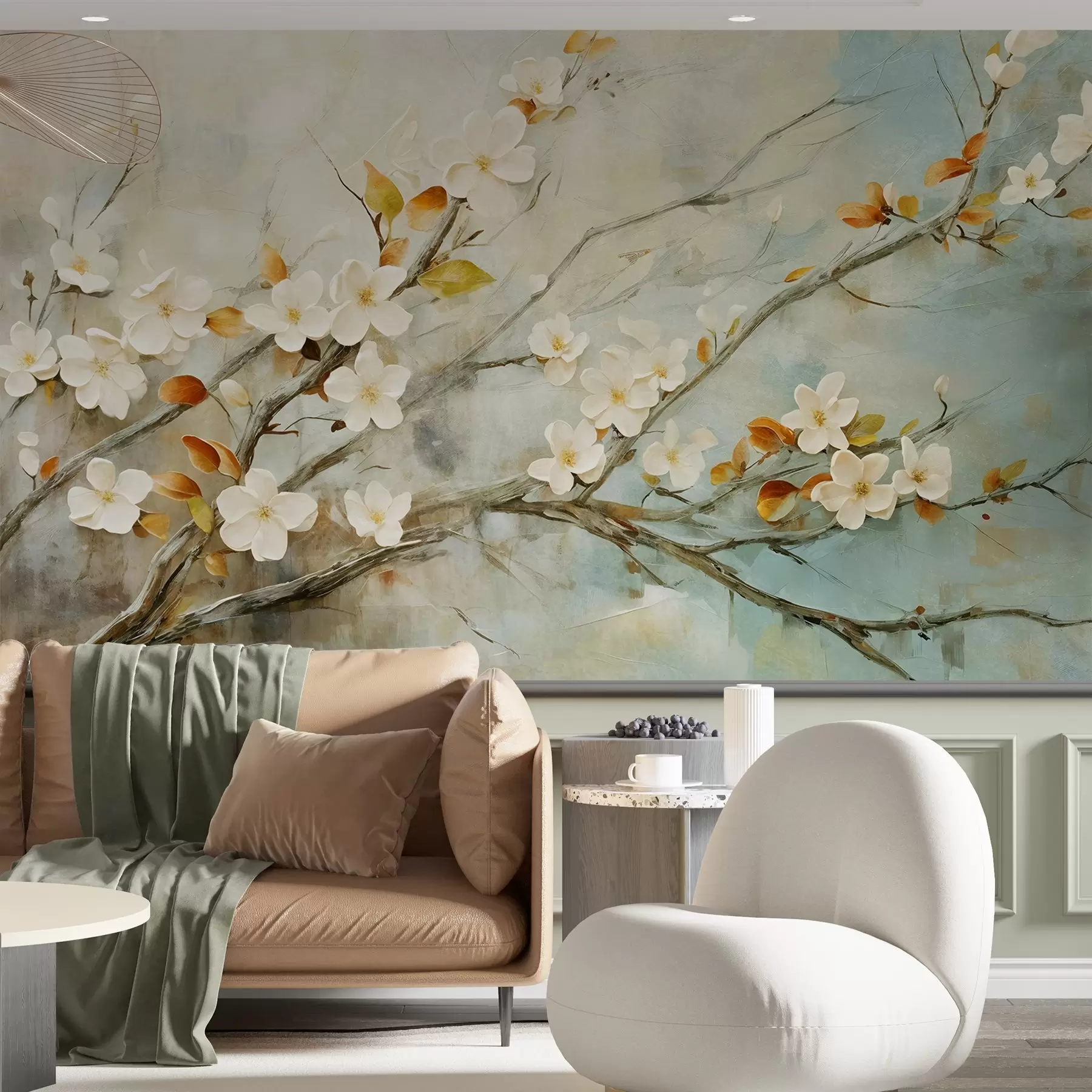 murais de parede Flores de cerejeira brancas em galhos contra um fundo azul e verde suave em estilo de pintura a óleo w08444