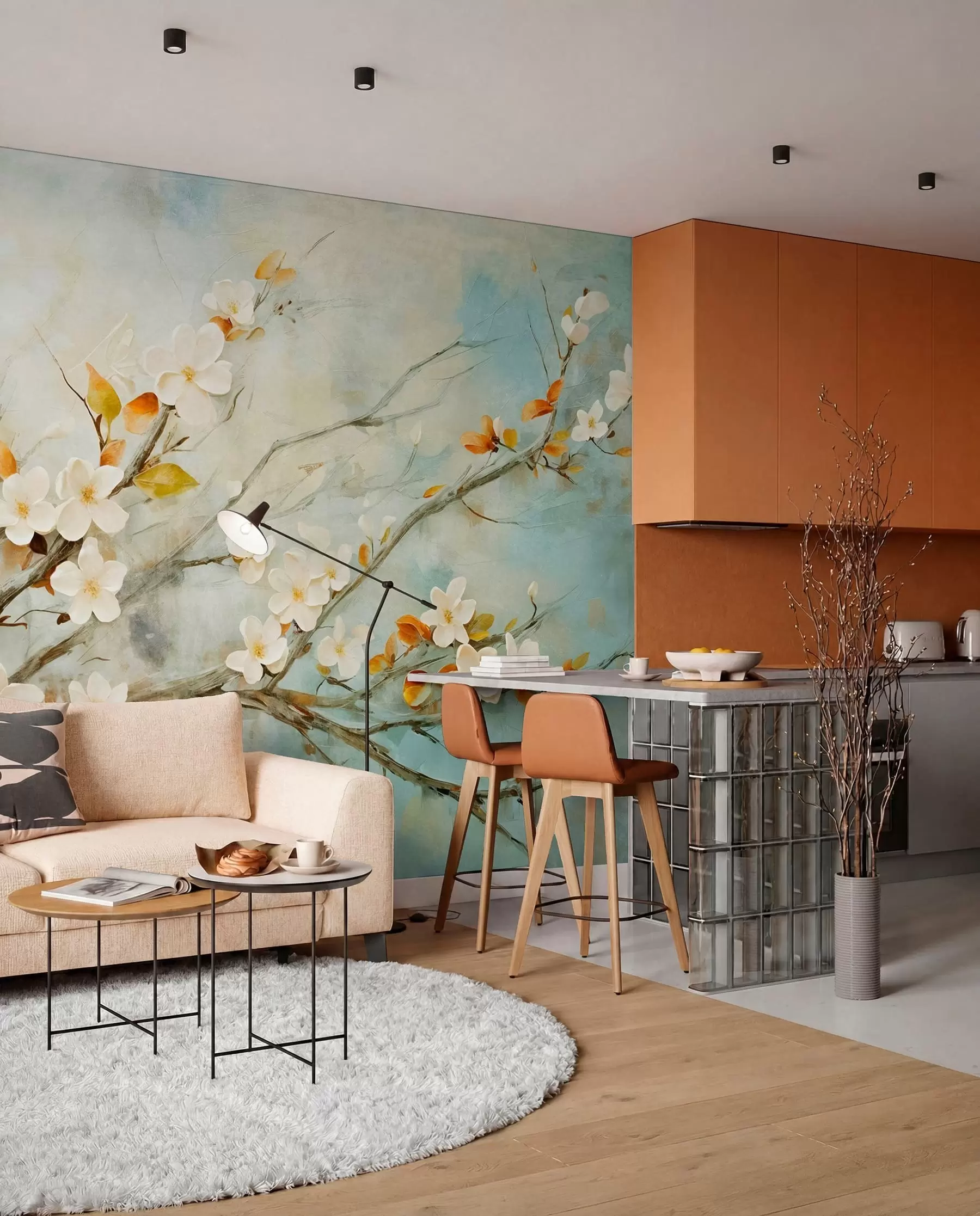 murais de parede Flores de cerejeira brancas em galhos contra um fundo azul e verde suave em estilo de pintura a óleo w08444