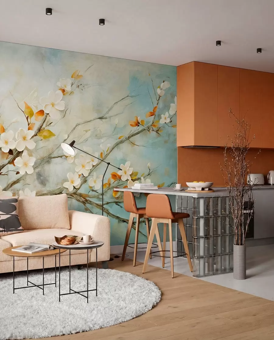 murais de parede Flores de cerejeira brancas em galhos contra um fundo azul e verde suave em estilo de pintura a óleo w08444