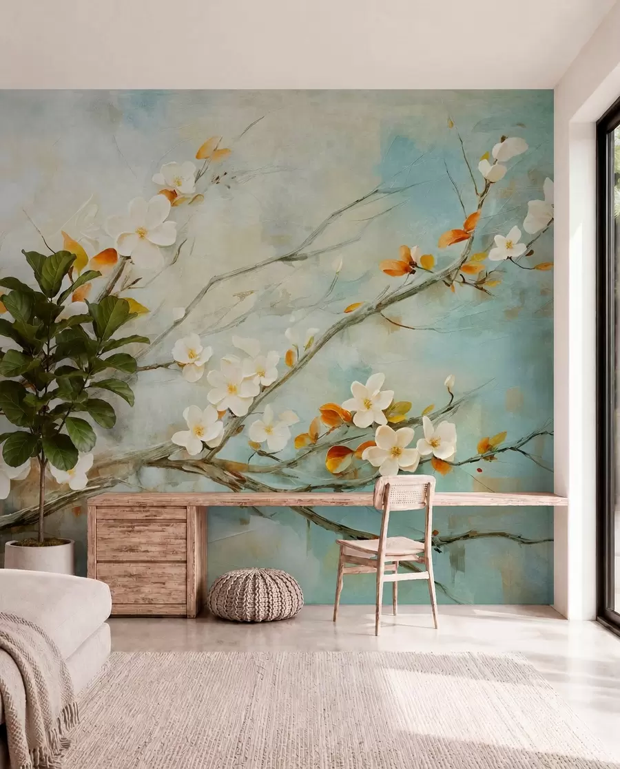 murais de parede Flores de cerejeira brancas em galhos contra um fundo azul e verde suave em estilo de pintura a óleo w08444