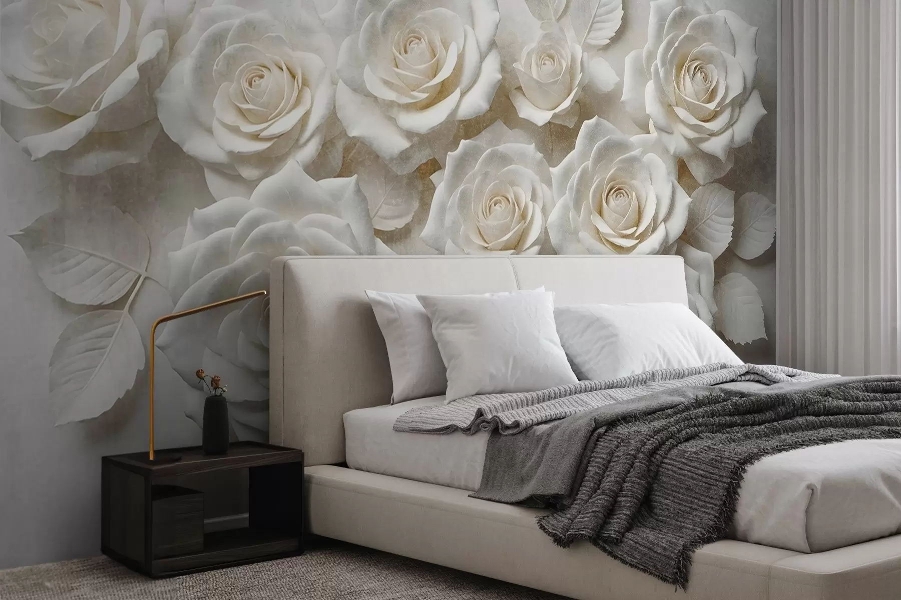 murais de parede Um close-up de várias rosas brancas com pétalas suaves e delicadas em um fundo branco w08448