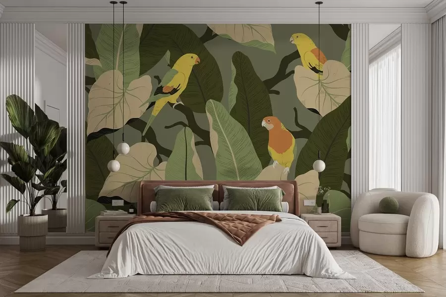 murais de parede folhas tropicais com papagaios w02402
