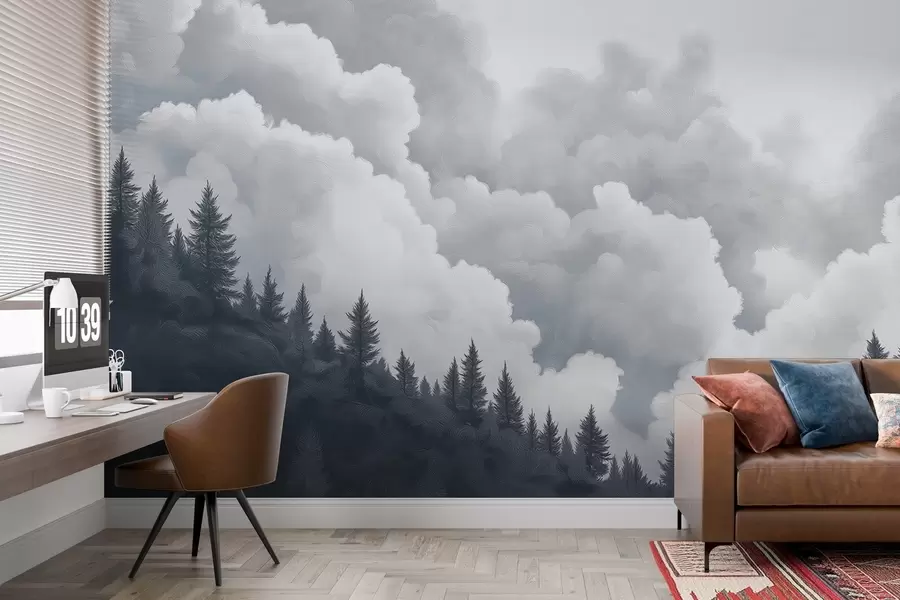 murais de parede Pintura de nuvens espessas sobre a floresta em estilo a óleo w02411