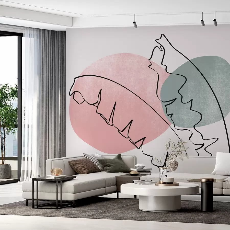 murais de parede Desenho de linha de folhas de bananeira em um ponto de textura rosa e verde w02423