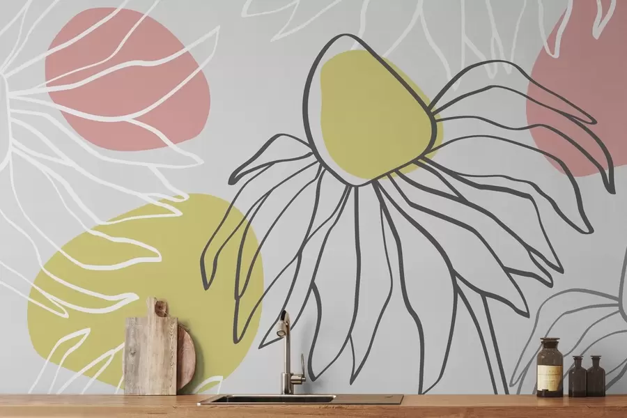 murais de parede Desenho abstrato de linha de flores, azul, rosa, amarelo w02427