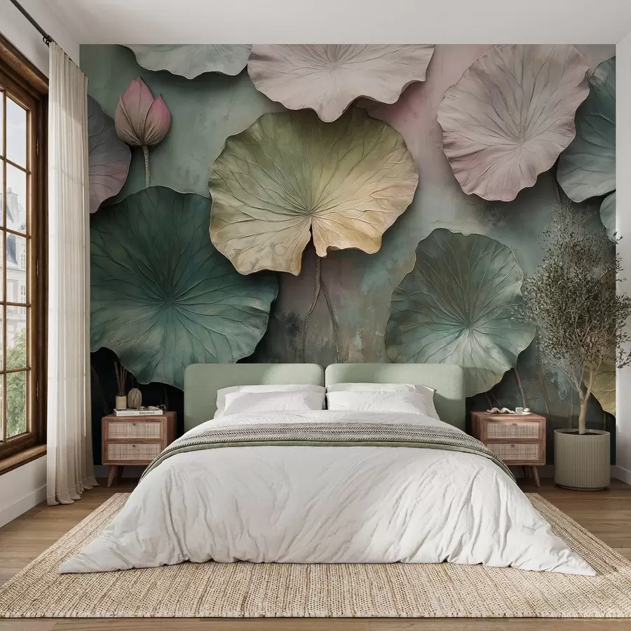 murais de parede folhas de lótus em estilo pastel com um efeito de volume w02441