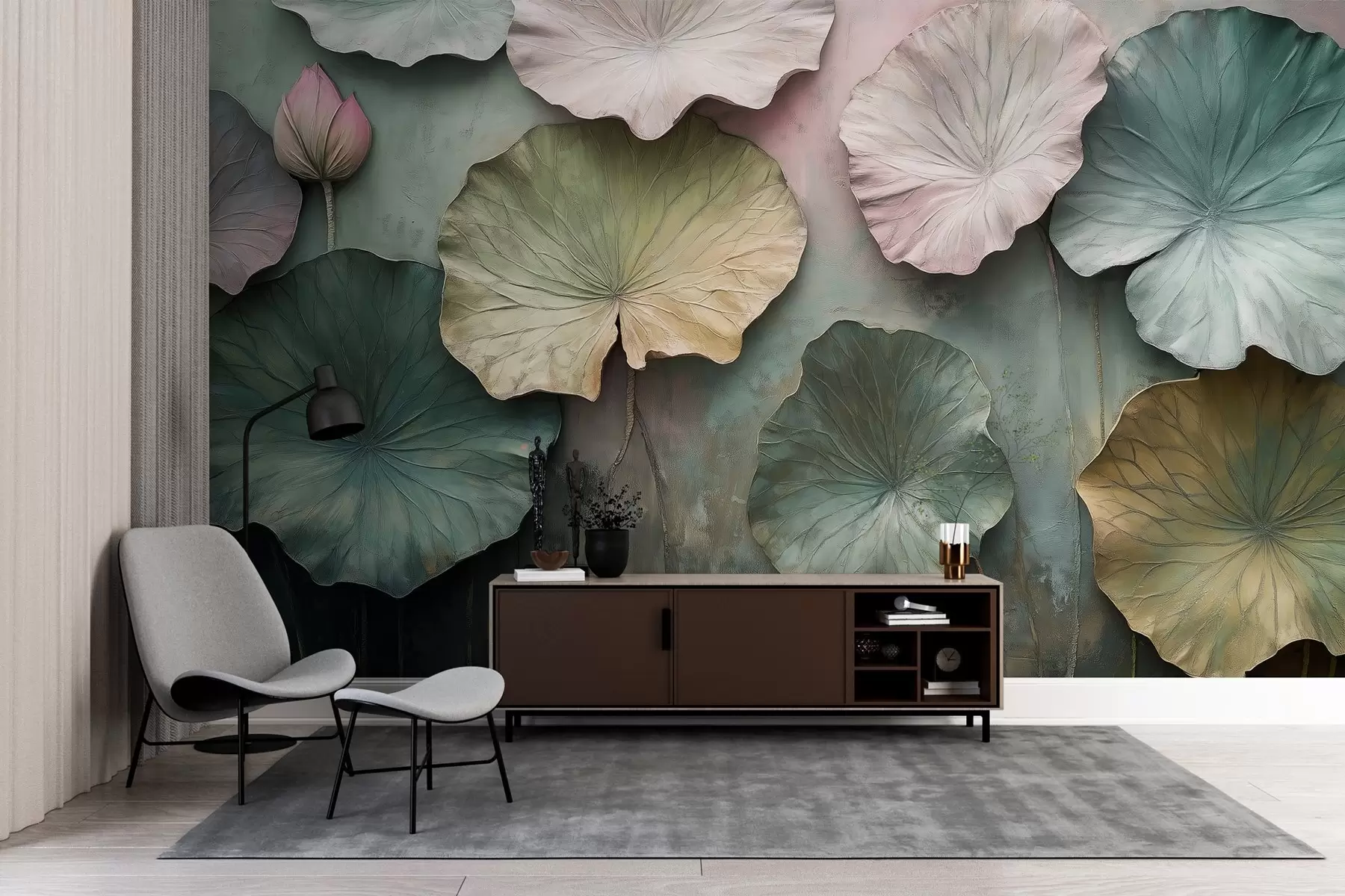 murais de parede folhas de lótus em estilo pastel com um efeito de volume w02441