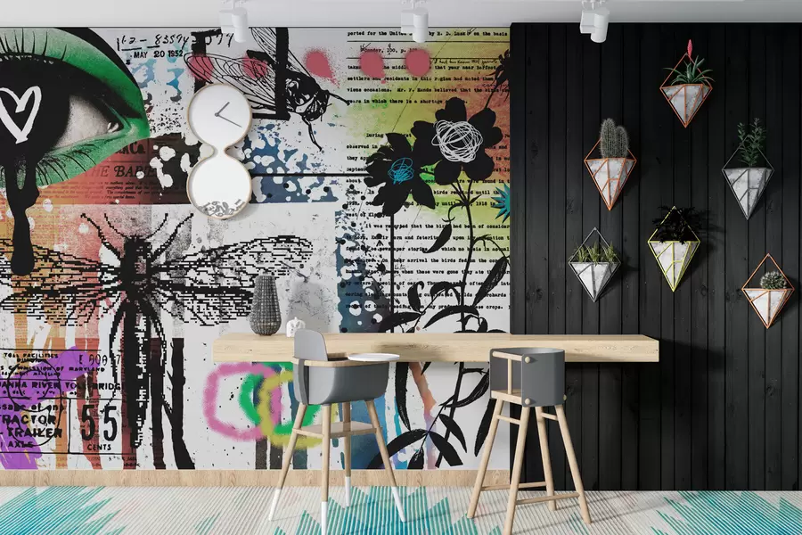 murais de parede Inscrições em estilo grafite, flores, figuras w02255