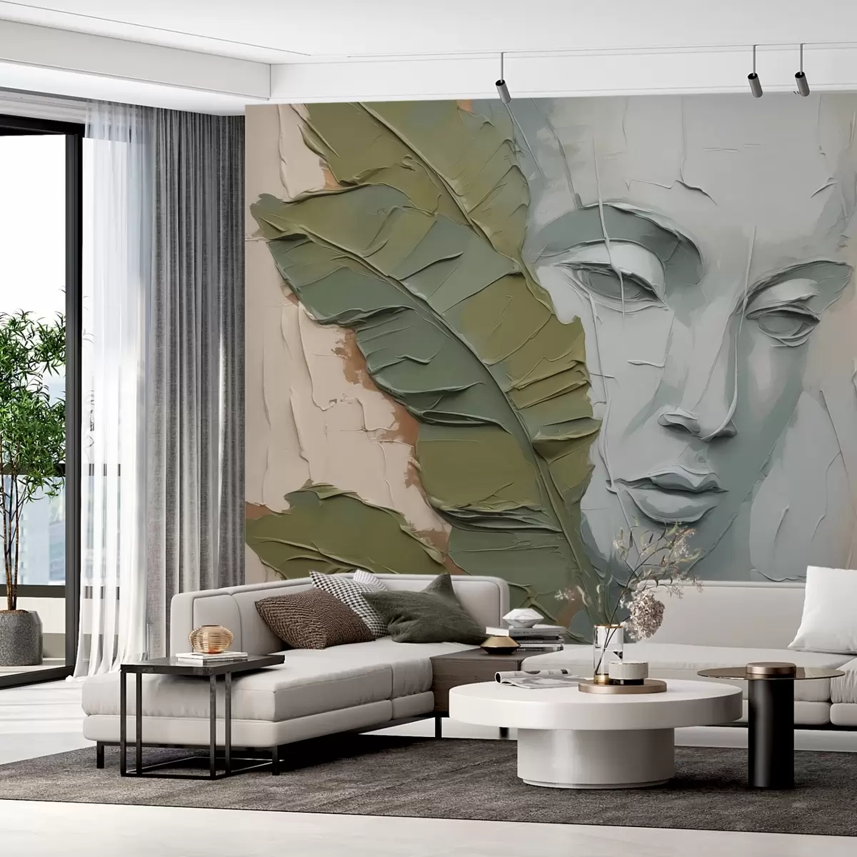 murais de parede Rosto próximo a folhas tropicais imitando traços e textura de pintura w02436