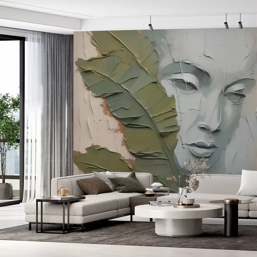 murais de parede Rosto próximo a folhas tropicais imitando traços e textura de pintura w02436