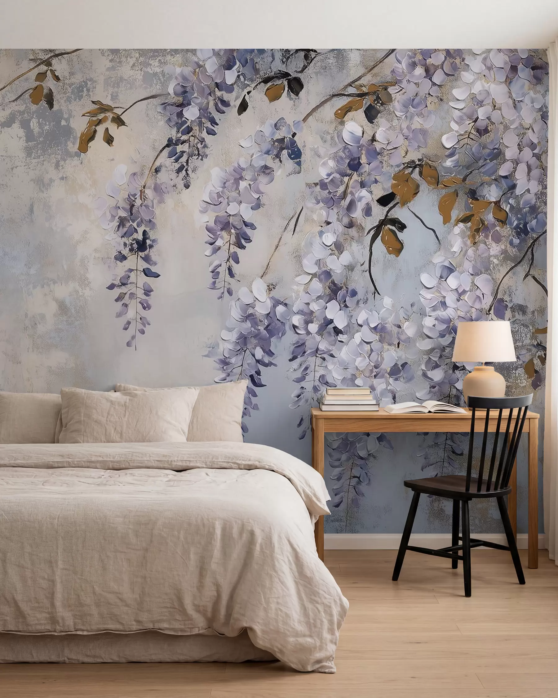 murais de parede papel de parede texturizado em cores suaves e discretas com delicadas flores e galhos de glicínias w02451