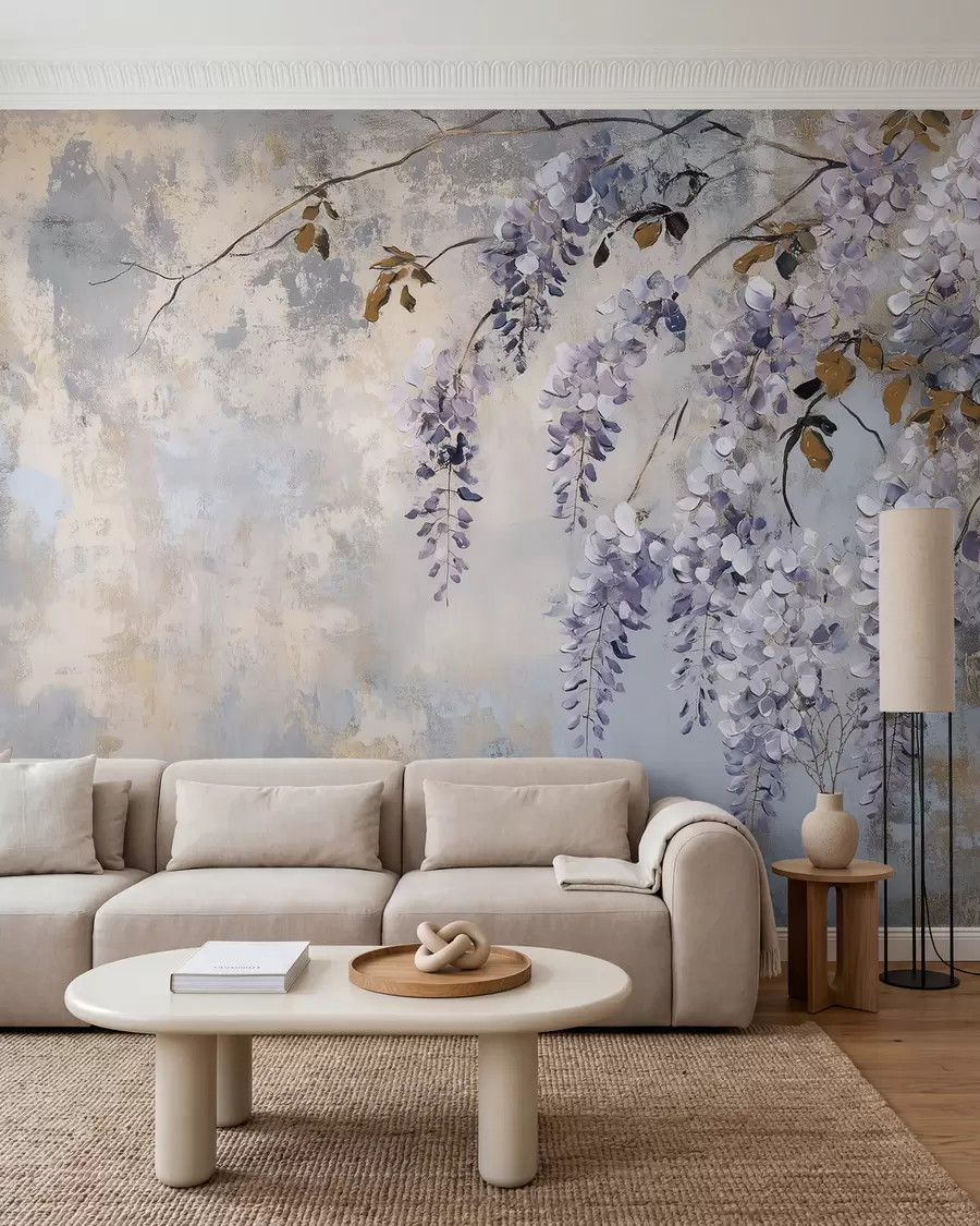 murais de parede papel de parede texturizado em cores suaves e discretas com delicadas flores e galhos de glicínias w02451