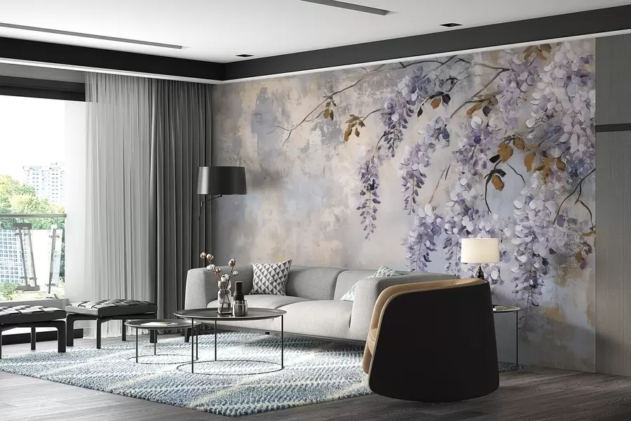 murais de parede papel de parede texturizado em cores suaves e discretas com delicadas flores e galhos de glicínias w02451