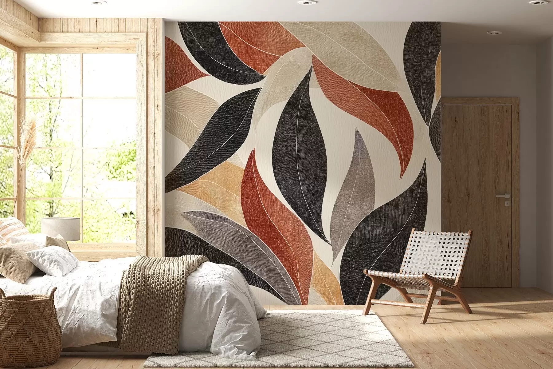 murais de parede folhas abstratas em uma paleta de tons terrosos - bege, terracota e cinza escuro w02452