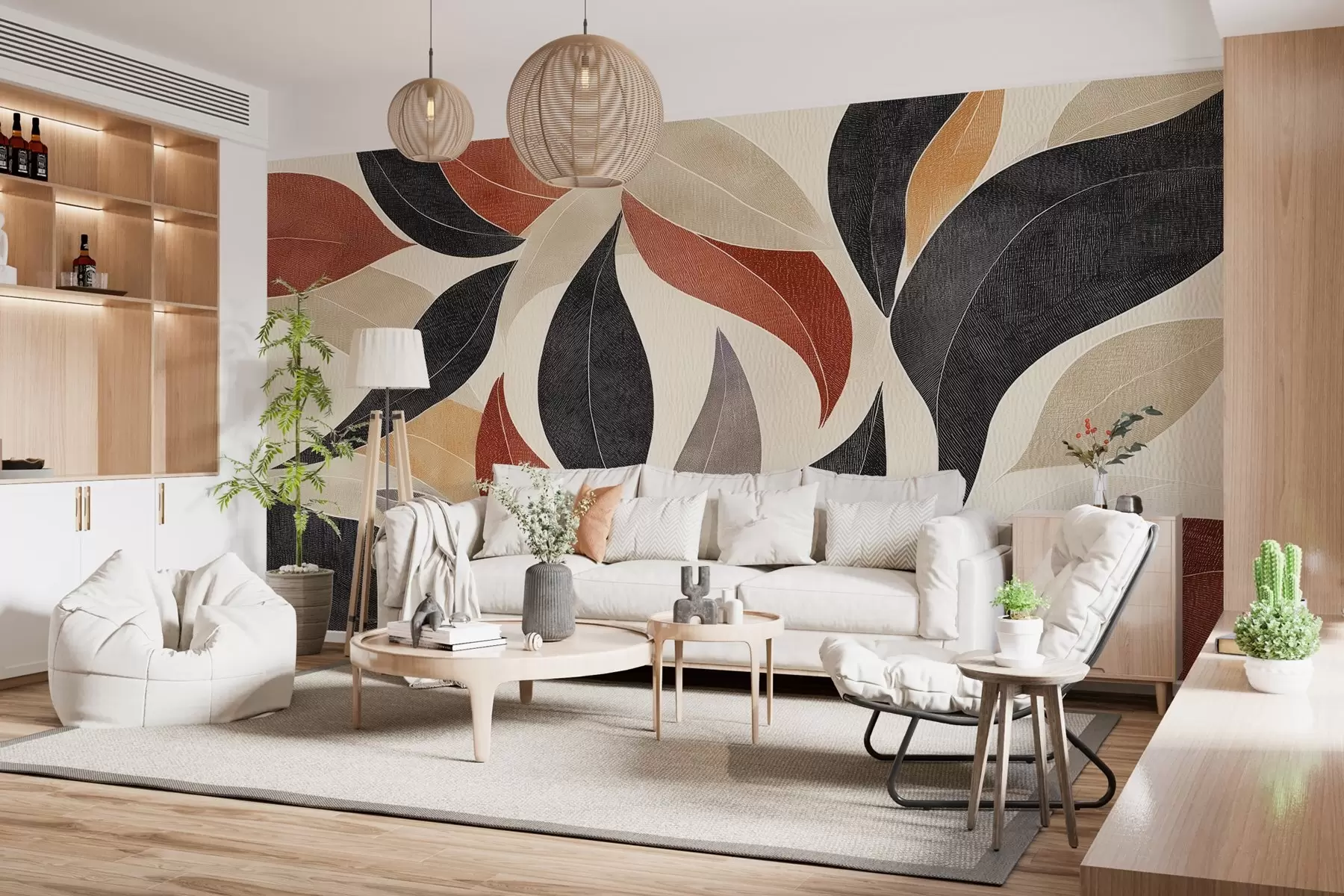 murais de parede folhas abstratas em uma paleta de tons terrosos - bege, terracota e cinza escuro. w02452