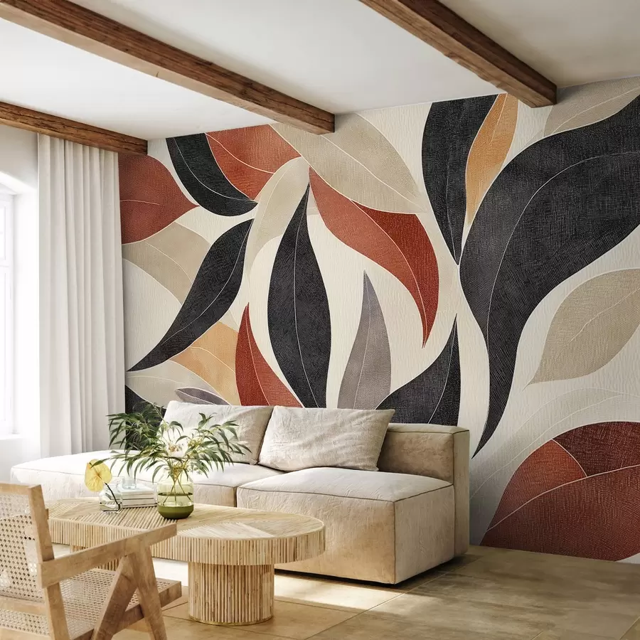 murais de parede folhas abstratas em uma paleta de tons terrosos - bege, terracota e cinza escuro. w02452