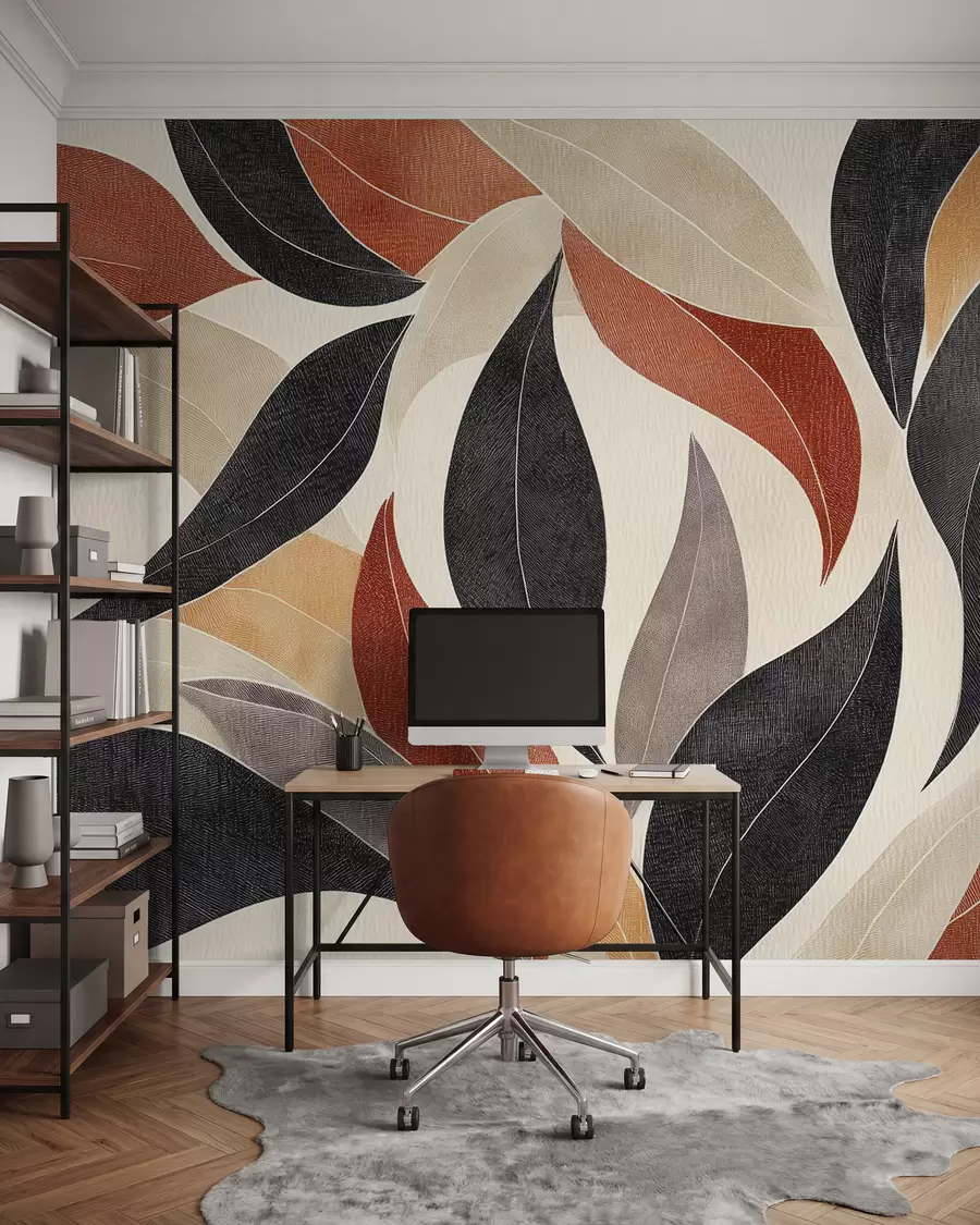 murais de parede folhas abstratas em uma paleta de tons terrosos - bege, terracota e cinza escuro w02452