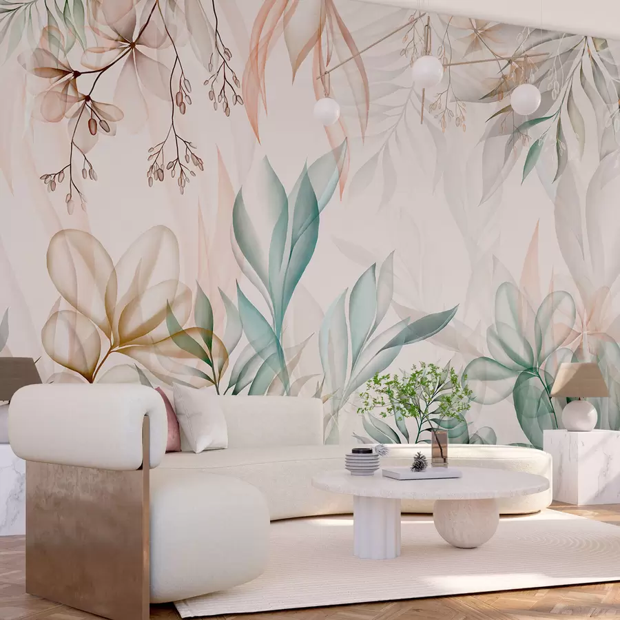 murais de parede Delicada folhagem tropical em tons pastéis w02316