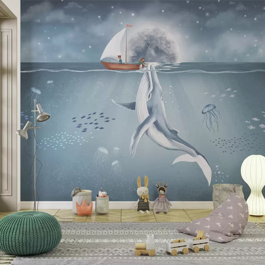 murais de parede Desenho infantil com baleia, lua e barco com crianças w02476