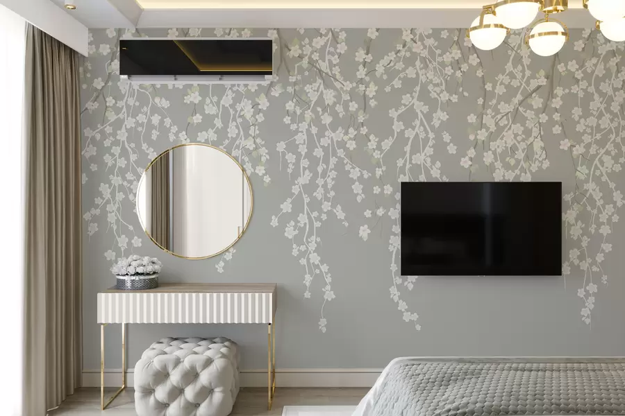 murais de parede Ramos delicados e esvoaçantes com flores em um fundo cinza w02479v1