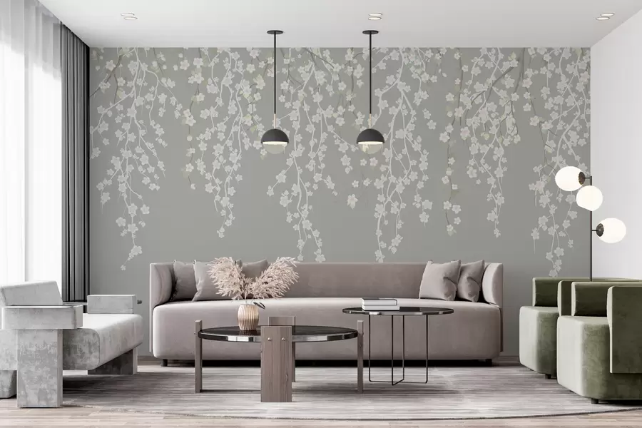 murais de parede Ramos delicados e esvoaçantes com flores em um fundo cinza w02479v1