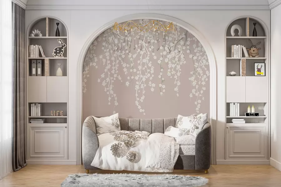 murais de parede Ramos delicados e esvoaçantes com flores em um fundo pastel w02479v2