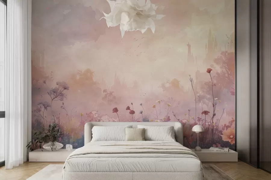 murais de parede Flores silvestres no fundo da silhueta de um castelo w08478