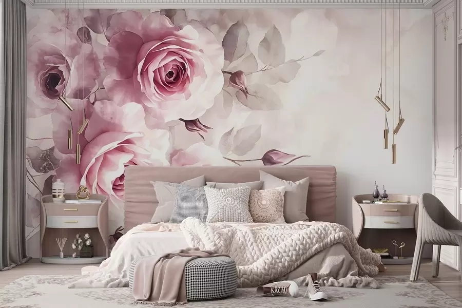 murais de parede Delicadas rosas e folhas em rosa pastel com fundo de imitação de aquarela suave e desfocado w08459