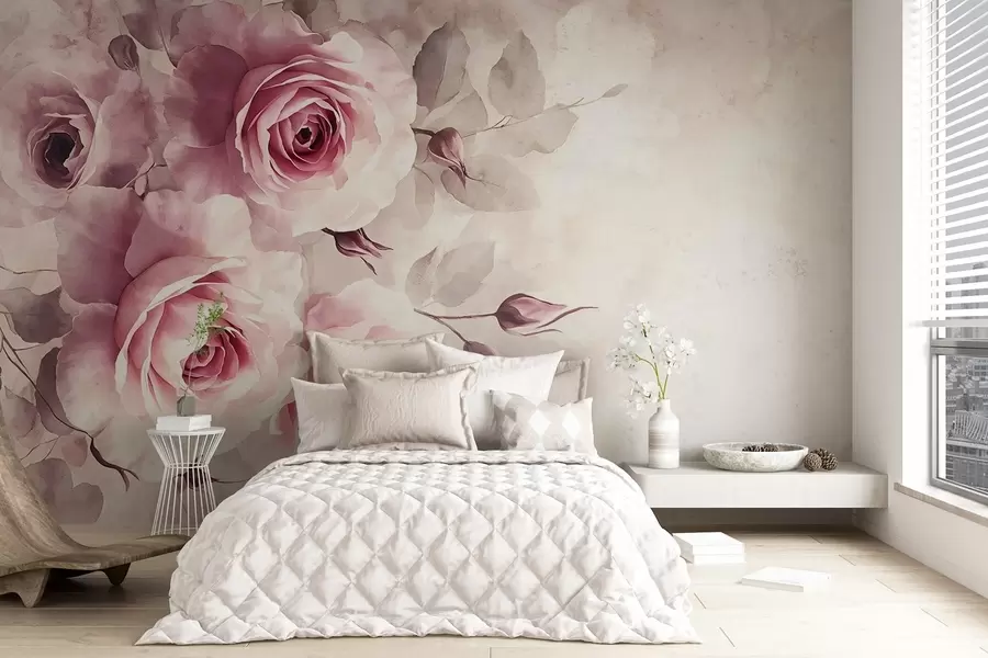 murais de parede Delicadas rosas e folhas em rosa pastel com fundo de imitação de aquarela suave e desfocado w08459