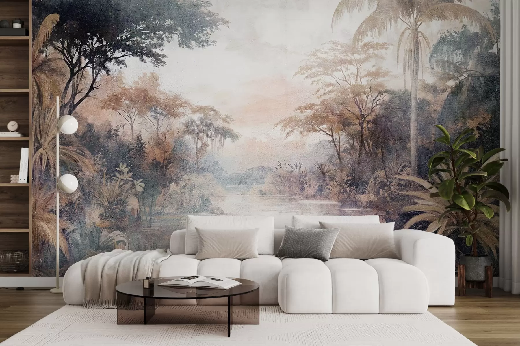 murais de parede Uma paisagem tropical texturizada com um rio calmo cercado por palmeiras exuberantes, arbustos e outras folhagens w08460