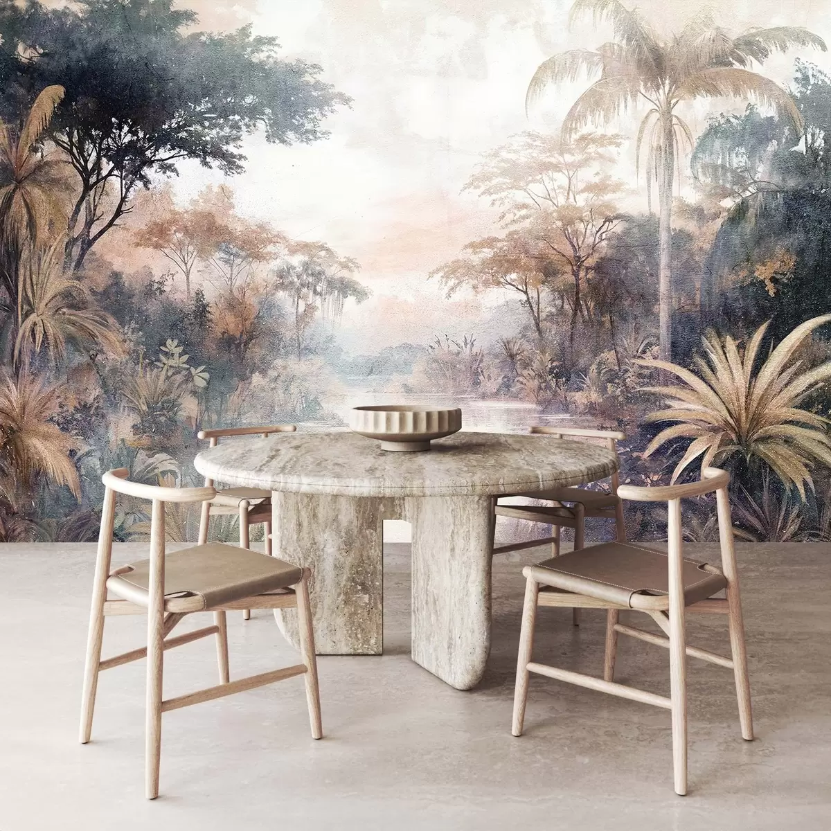 murais de parede Uma paisagem tropical texturizada com um rio calmo cercado por palmeiras exuberantes, arbustos e outras folhagens w08460