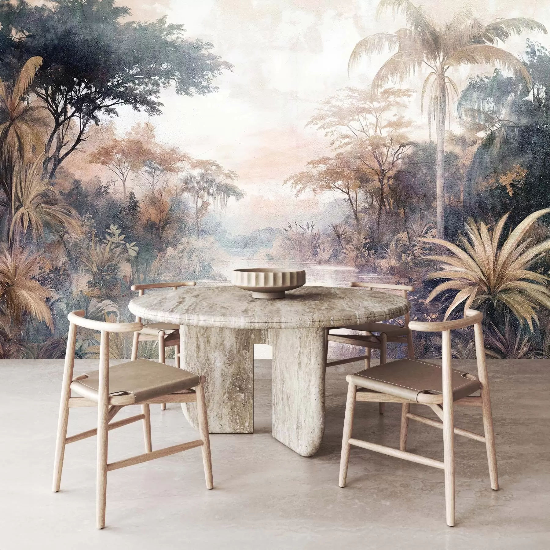 murais de parede Uma paisagem tropical texturizada com um rio calmo cercado por palmeiras exuberantes, arbustos e outras folhagens w08460