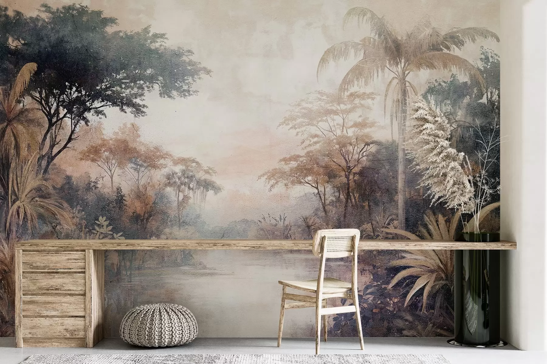 murais de parede Uma paisagem tropical texturizada com um rio calmo cercado por palmeiras exuberantes, arbustos e outras folhagens w08460