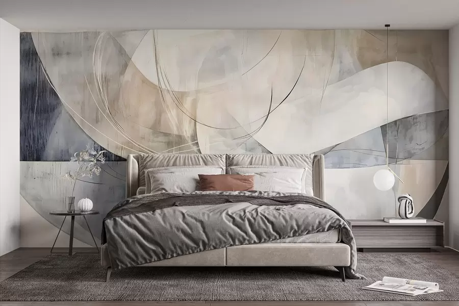 murais de parede Formas abstratas e formas em tons de branco, cinza, bege e azul contra um fundo texturizado desfocado w08461
