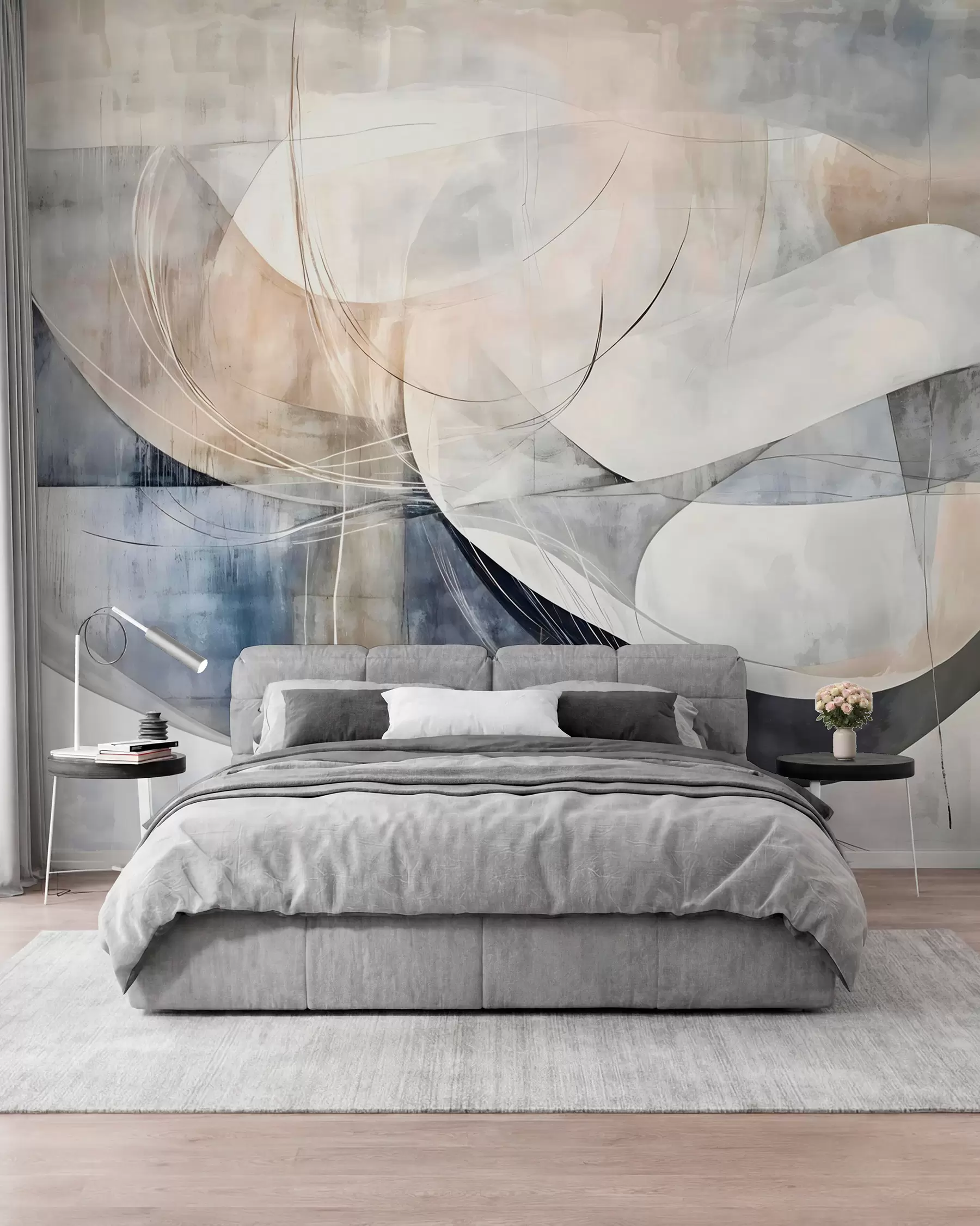 murais de parede Formas abstratas e formas em tons de branco, cinza, bege e azul contra um fundo texturizado desfocado w08461