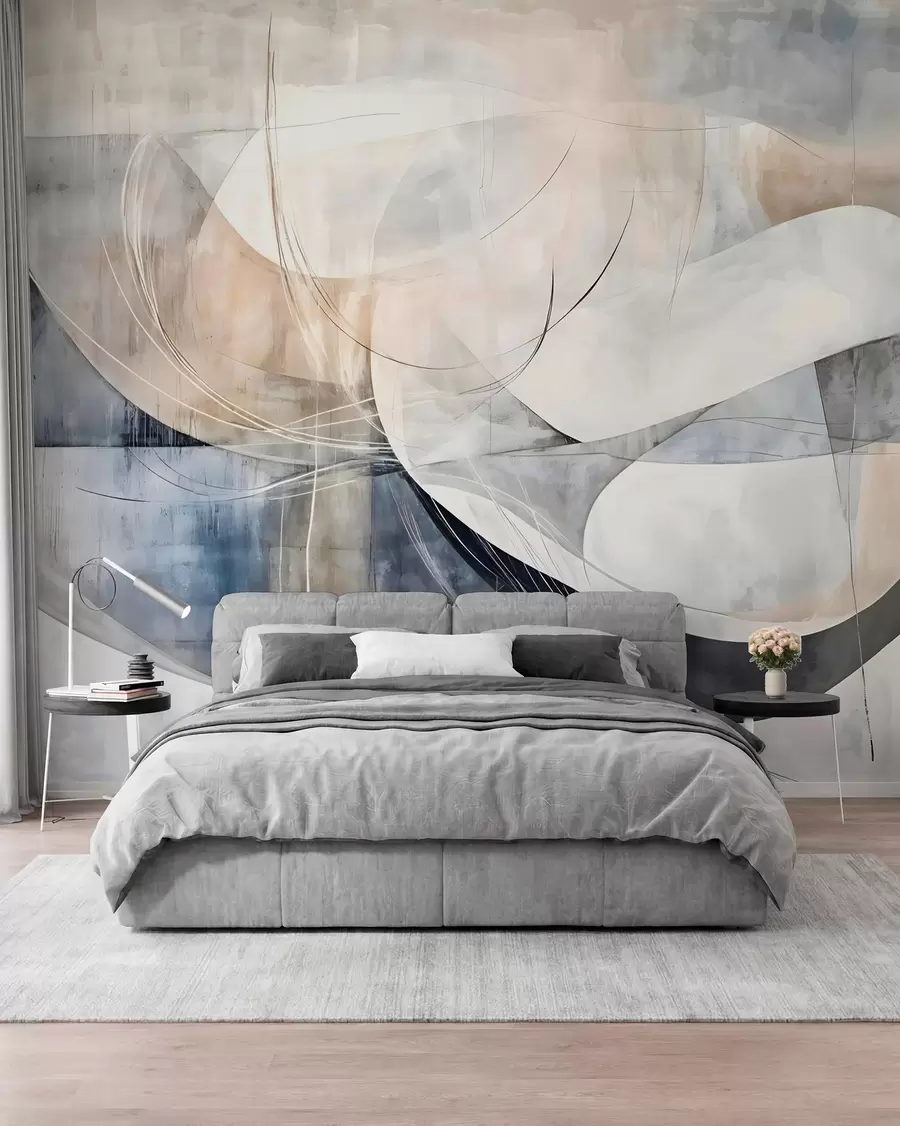 murais de parede Formas abstratas e formas em tons de branco, cinza, bege e azul contra um fundo texturizado desfocado w08461